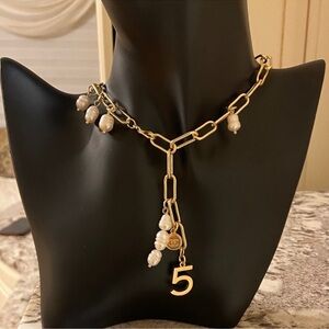 Chanel Gold Pearl Charm Necklace with Number 5 Pendant
